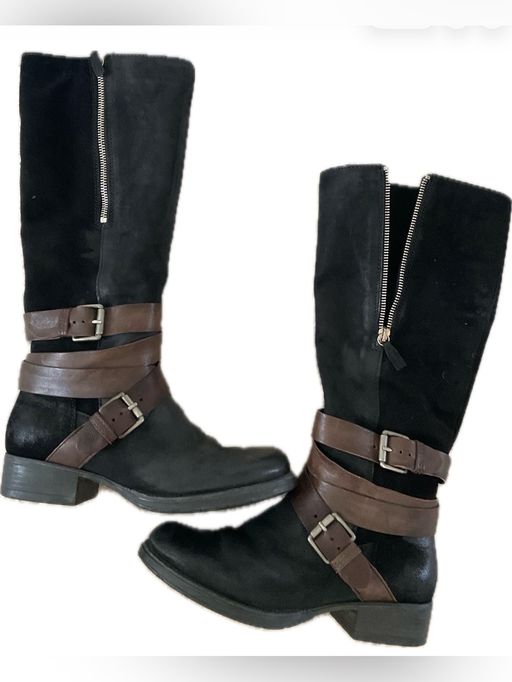 Miz Mooz Black Leather & Suede Over-the-Knee Boots with Brown Strap Detail